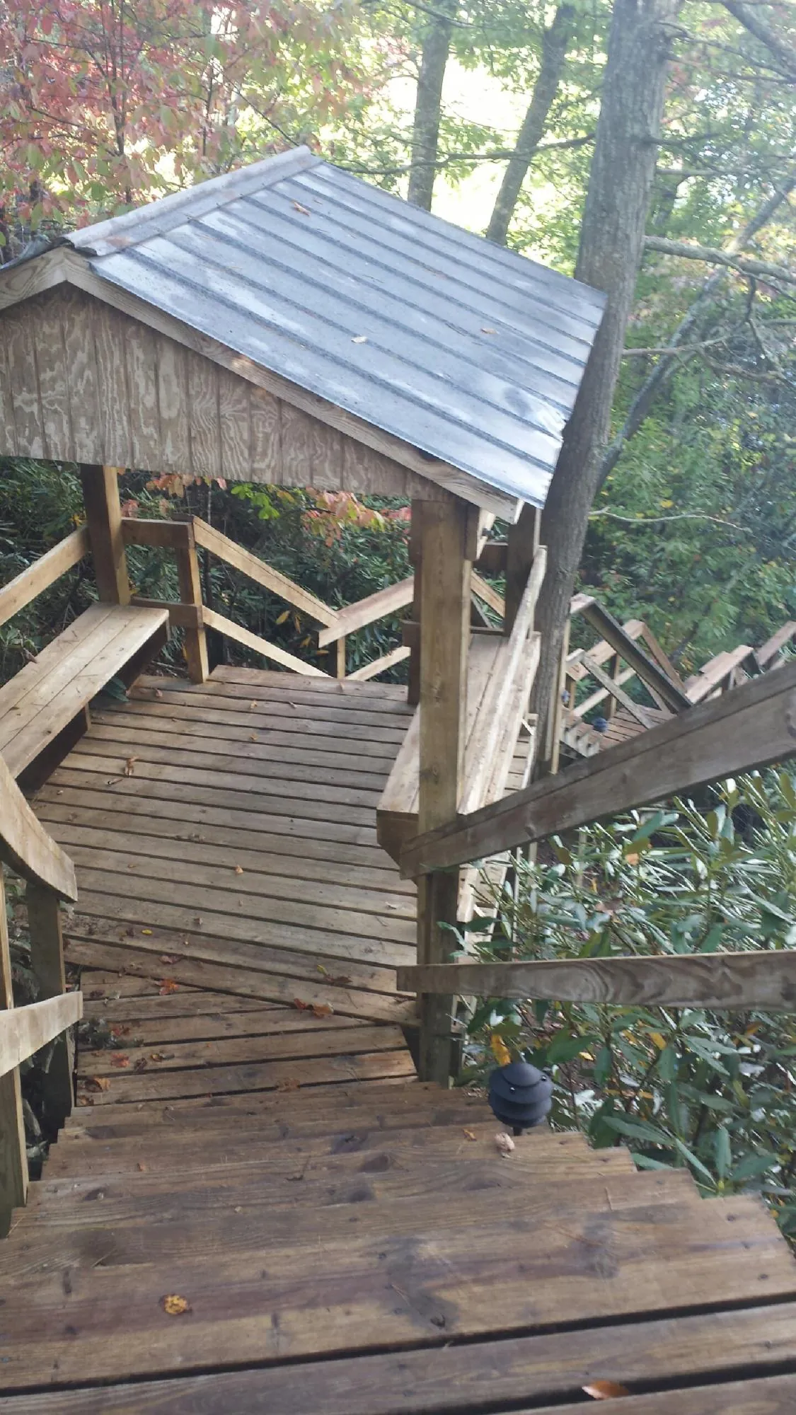 Metal roofed shelter over wooden steps on a wooded walkway — Skylight Repair & Installation work by our crew in Dodgeville